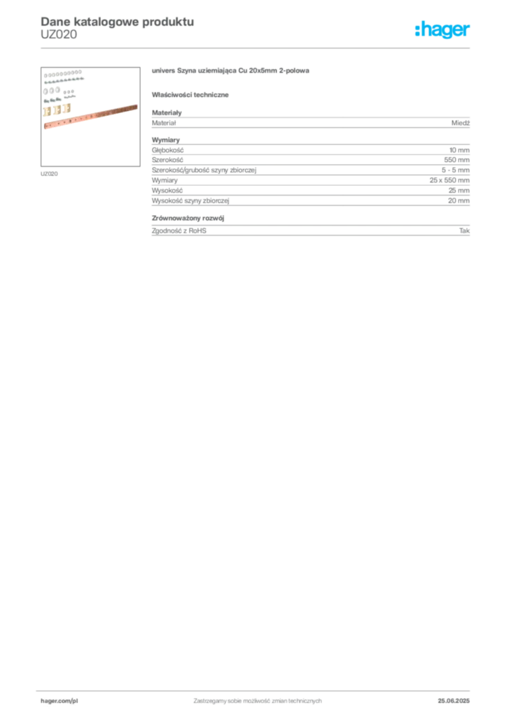 Zdjęcie Hager Karta katalogowa UZ020 | Hager Polska