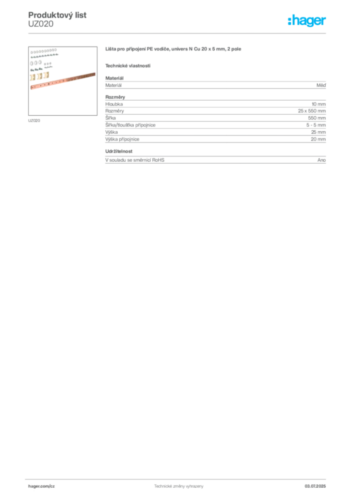 Obrázek Hager Produktový list UZ020 | Hager