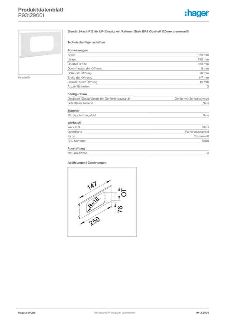 Bild Hager Produktdatenblatt R93129001 | Hager Deutschland