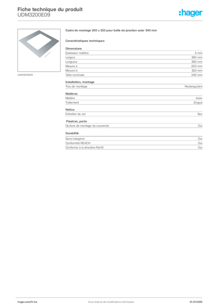 Image Hager Fiche technique du produit UDM3200E09 | Hager Belgique