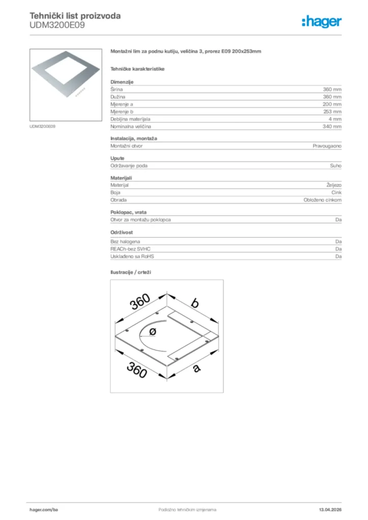 Slika Hager Tehnički list proizvoda UDM3200E09  | Hager