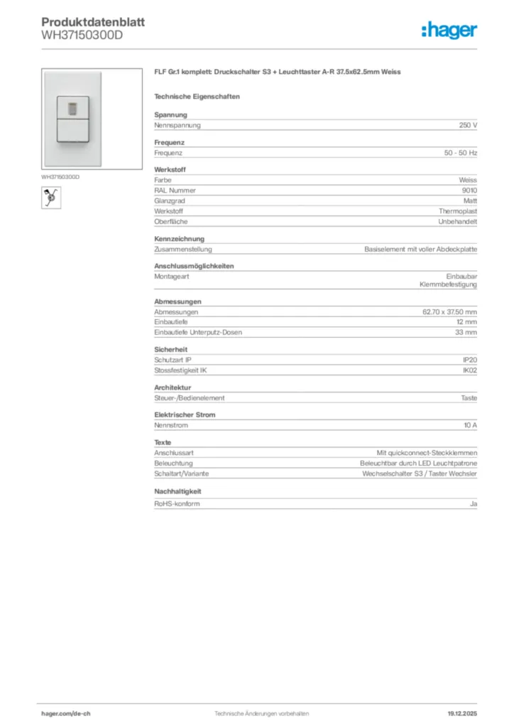 Bild Hager Produktdatenblatt WH37150300D | Hager Schweiz
