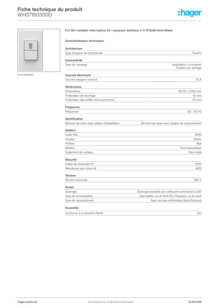 Image Hager Fiche technique du produit WH37150300D | Hager Suisse