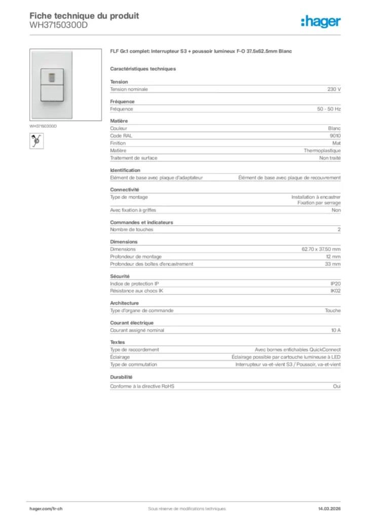 Image Hager Fiche technique du produit WH37150300D | Hager Suisse