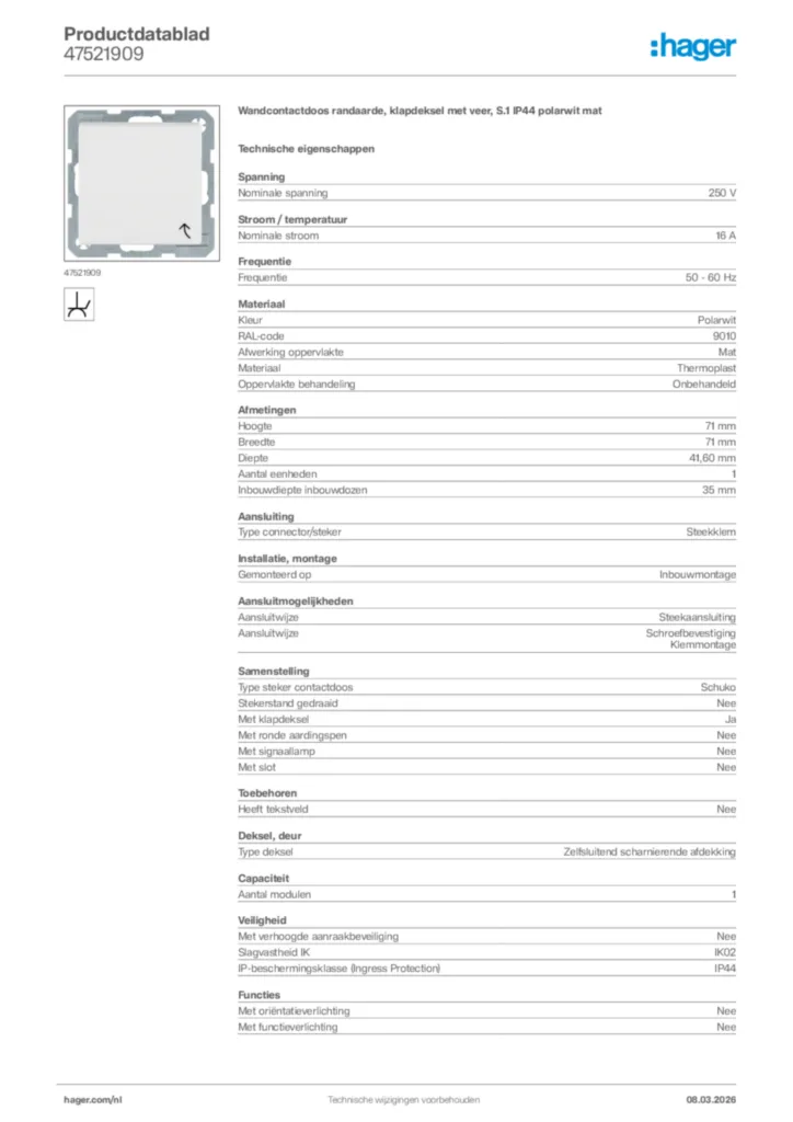 Afbeelding Hager Productdatablad 47521909 | Hager Nederland