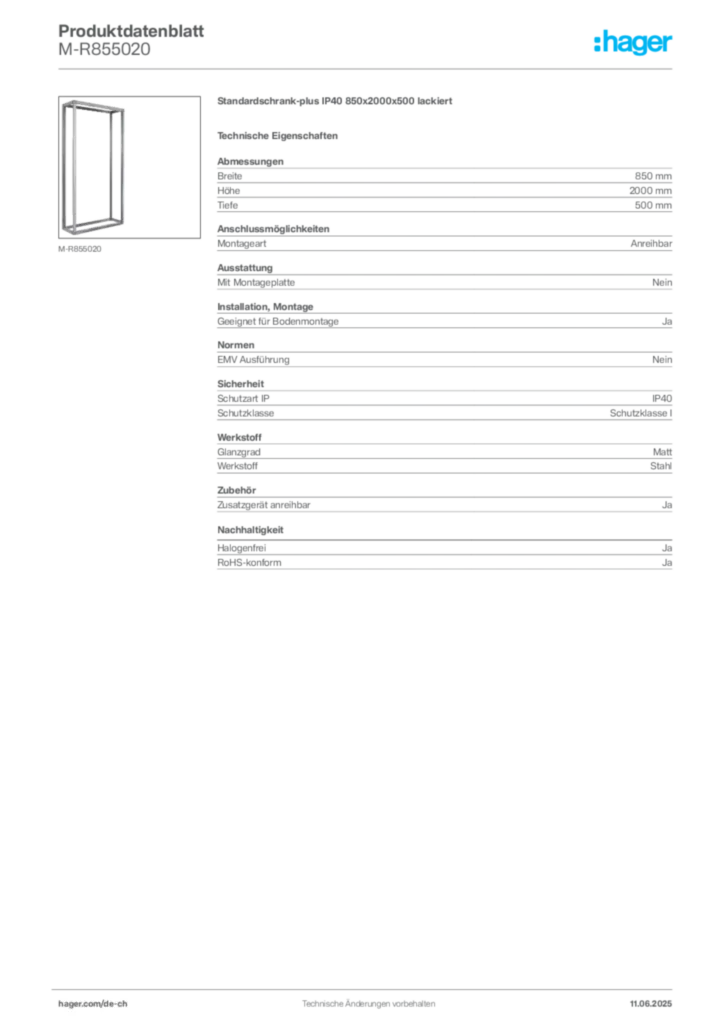 Bild Hager Produktdatenblatt M-R855020 | Hager Schweiz