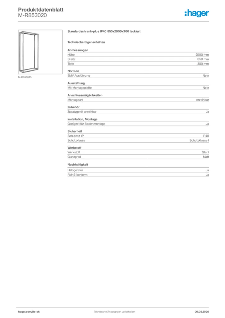 Bild Hager Produktdatenblatt M-R853020 | Hager Schweiz