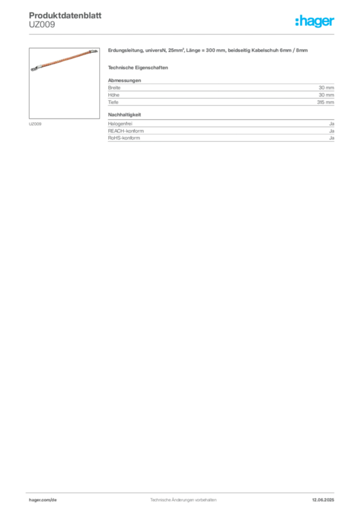 Hager Produktdatenblatt UZ009