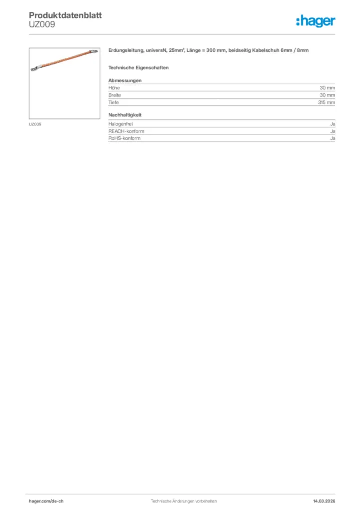 Bild Hager Produktdatenblatt UZ009 | Hager Schweiz