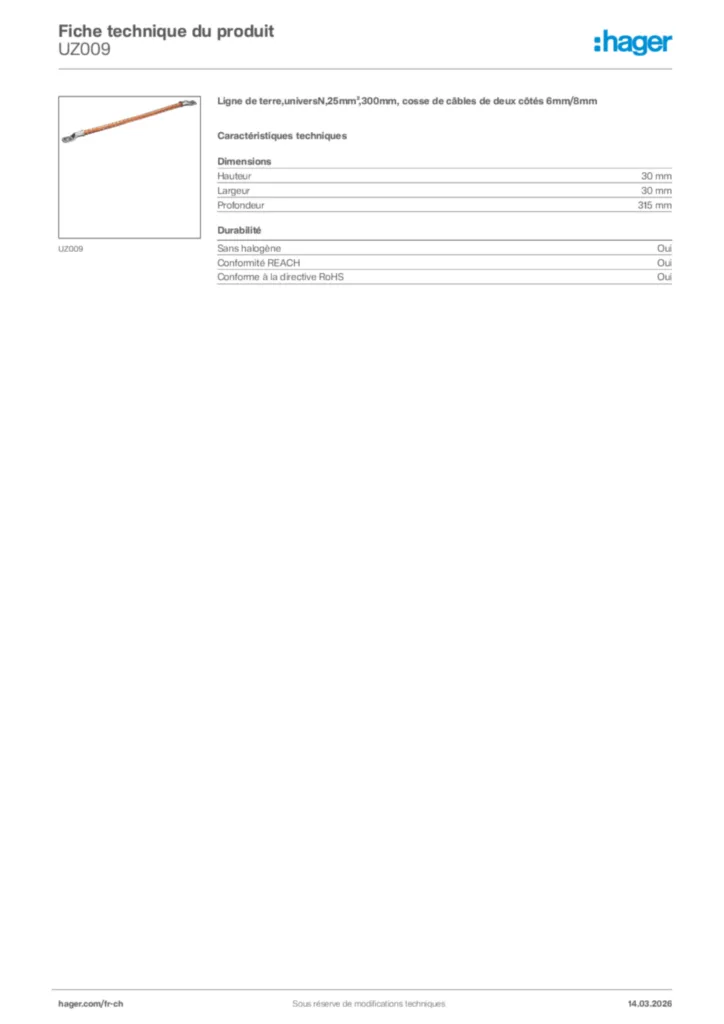 Image Hager Fiche technique du produit UZ009 | Hager Suisse