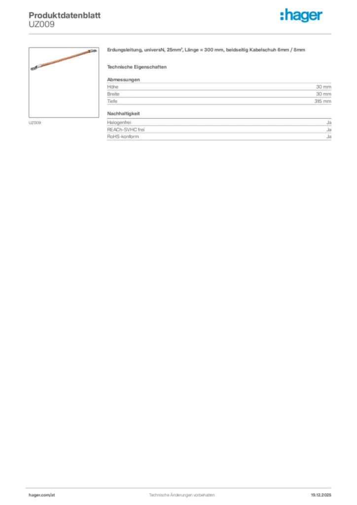 Bild Hager Produktdatenblatt UZ009 | Hager Deutschland
