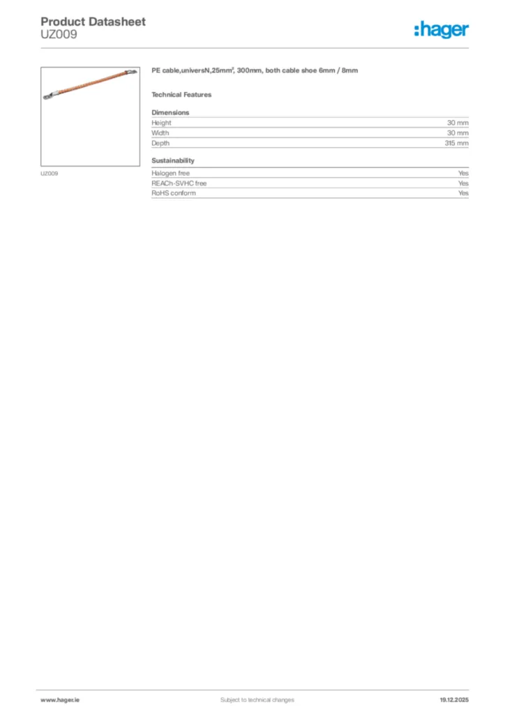 Image Hager Product data sheet UZ009  | Hager