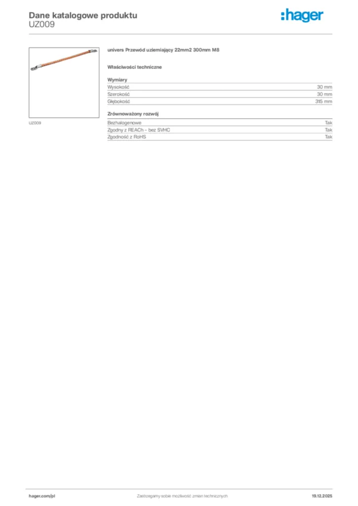 Zdjęcie Hager Karta katalogowa UZ009 | Hager Polska