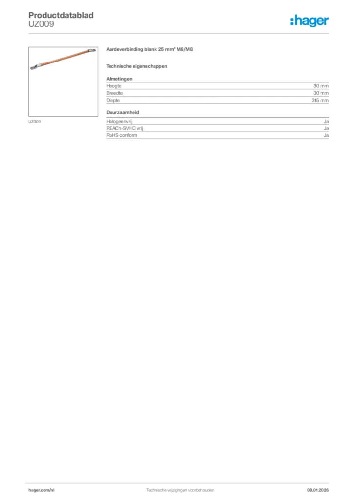 Afbeelding Hager Productdatablad UZ009 | Hager Nederland