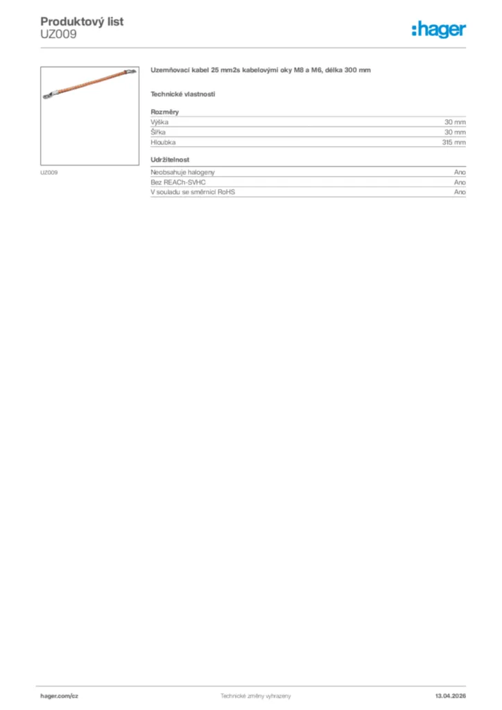 Obrázek Hager Product data sheet UZ009 | Hager