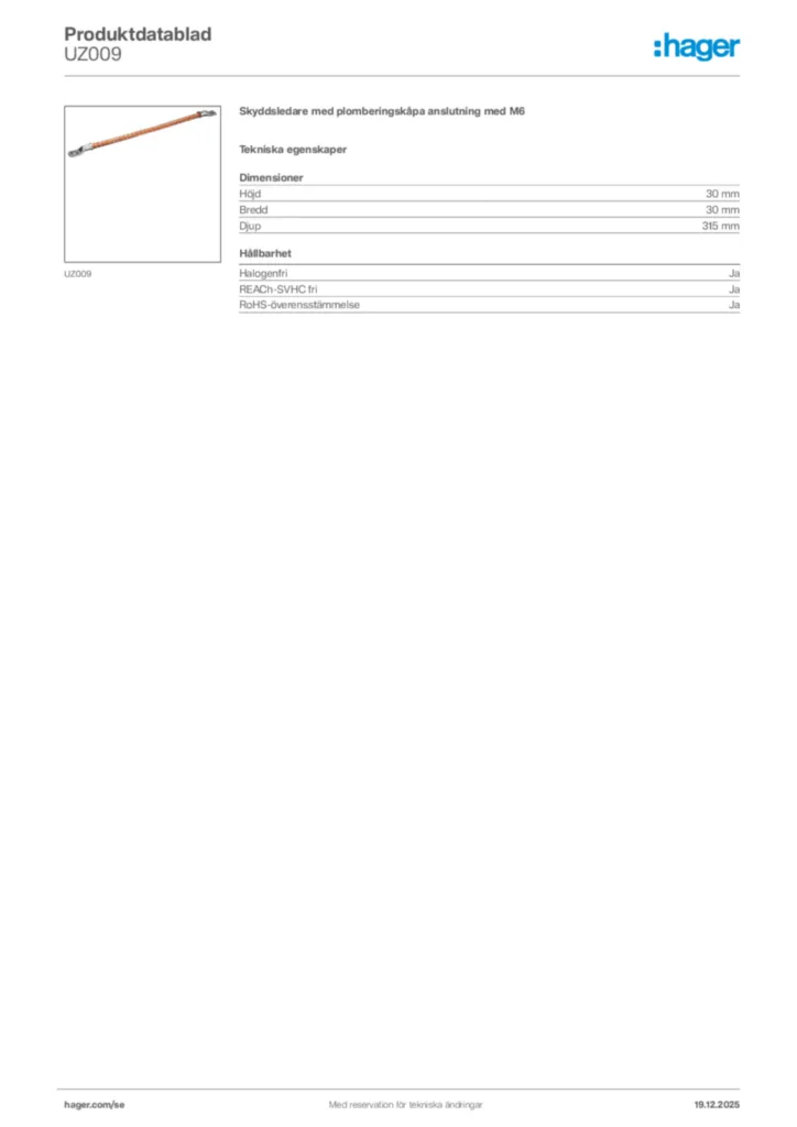 Bild Hager Produktdatablad UZ009 | Hager Sverige