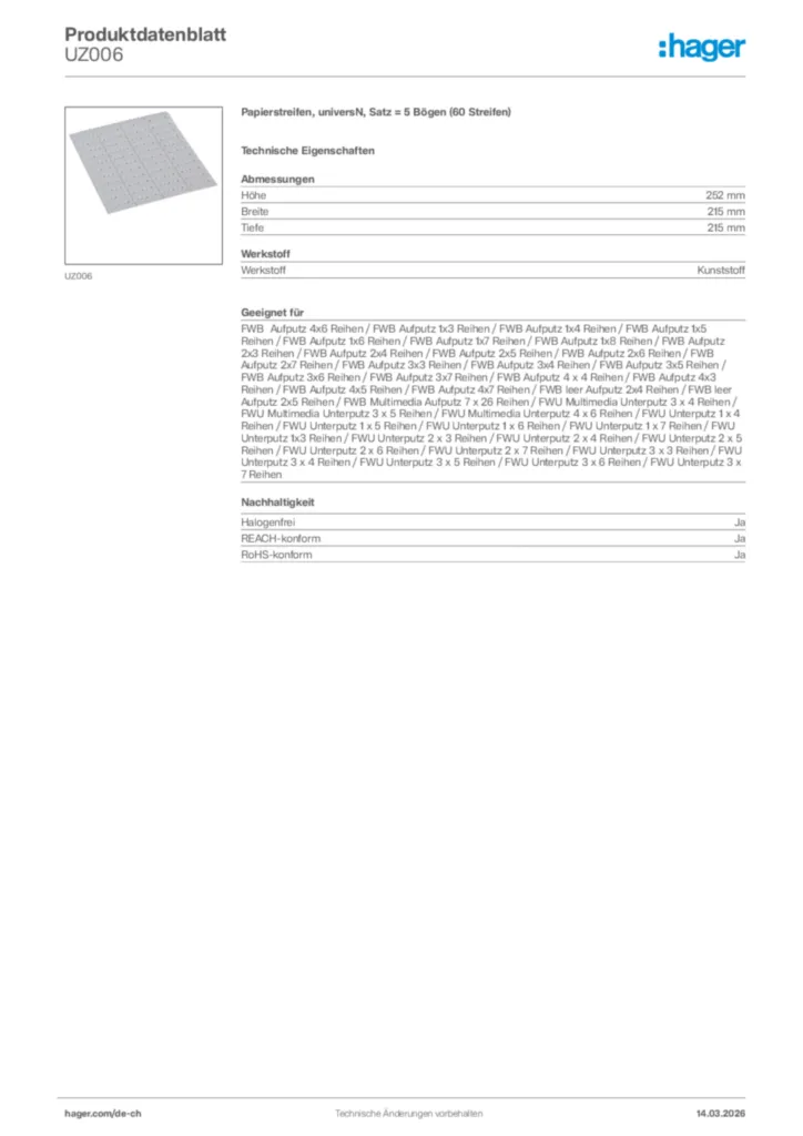 Bild Hager Produktdatenblatt UZ006 | Hager Schweiz