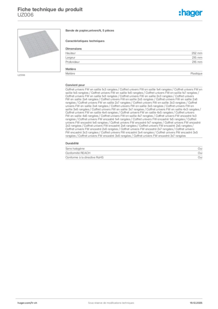 Image Hager Fiche technique du produit UZ006 | Hager Suisse