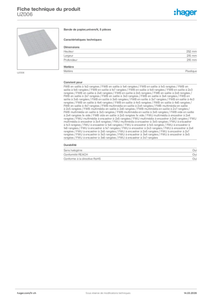 Image Hager Fiche technique du produit UZ006 | Hager Suisse