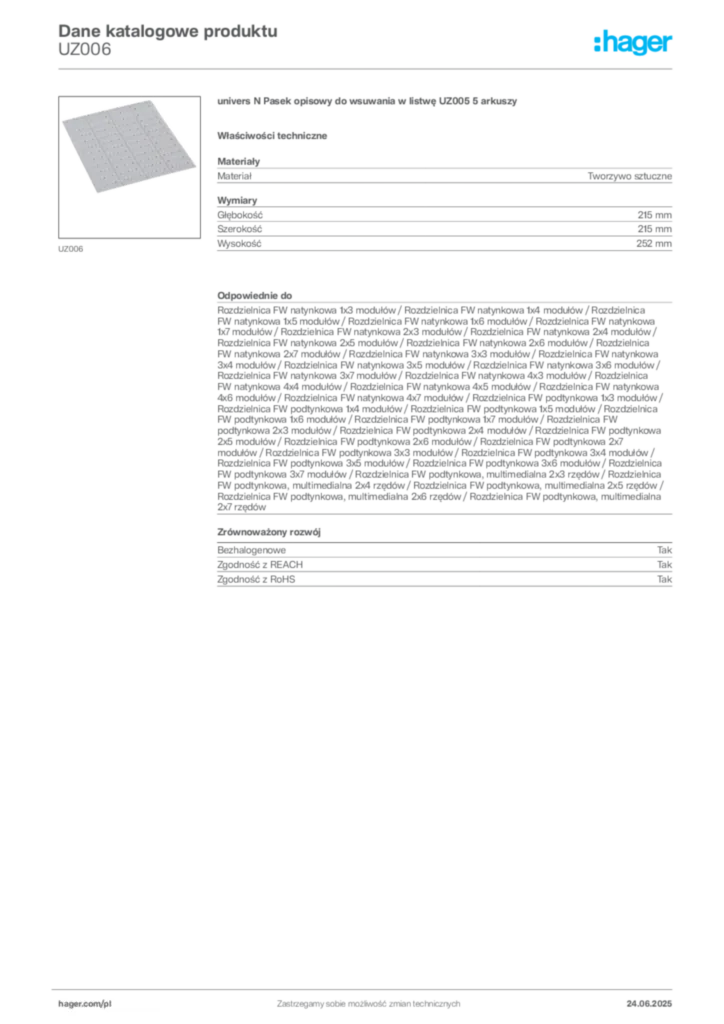 Zdjęcie Hager Karta katalogowa UZ006 | Hager Polska
