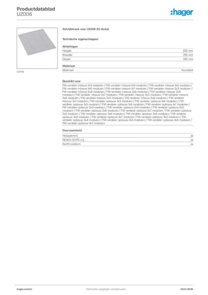 Afbeelding Hager Productdatablad UZ006 | Hager Nederland