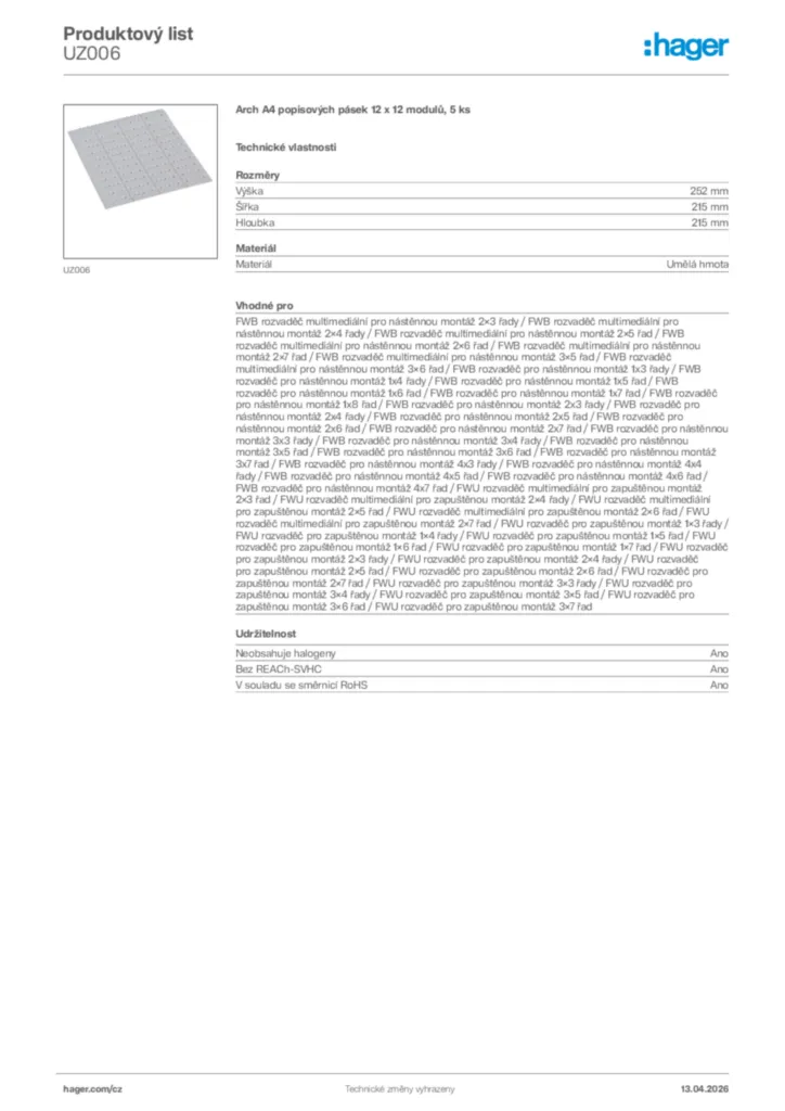 Obrázek Hager Product data sheet UZ006 | Hager