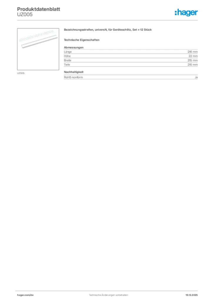 Bild Hager Produktdatenblatt UZ005 | Hager Deutschland