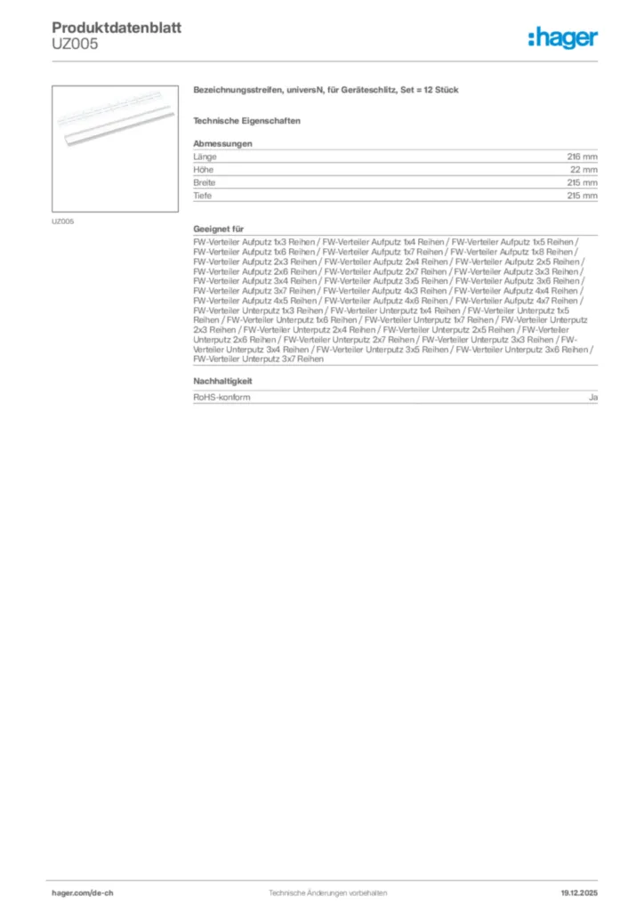 Bild Hager Produktdatenblatt UZ005 | Hager Schweiz