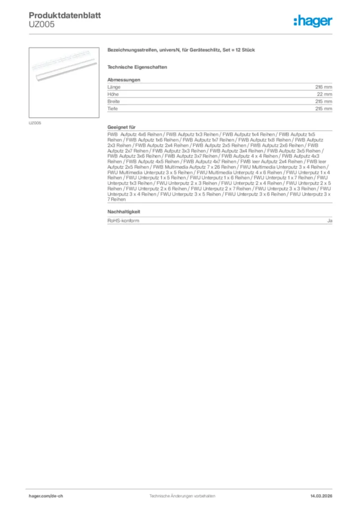 Bild Hager Produktdatenblatt UZ005 | Hager Schweiz