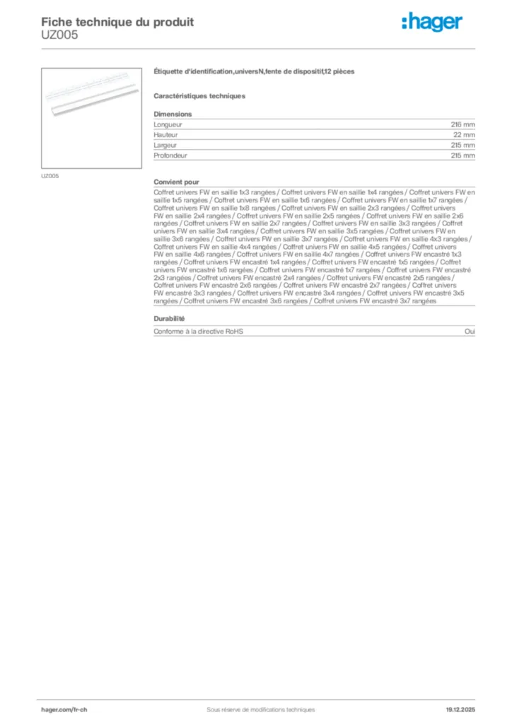 Image Hager Fiche technique du produit UZ005 | Hager Suisse