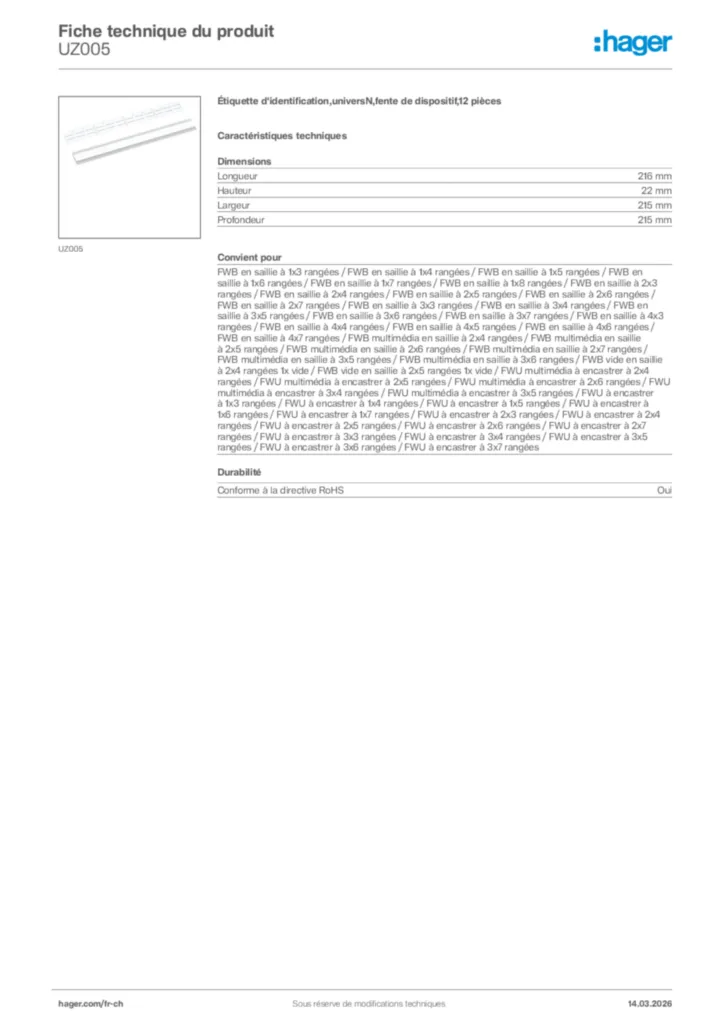 Image Hager Fiche technique du produit UZ005 | Hager Suisse