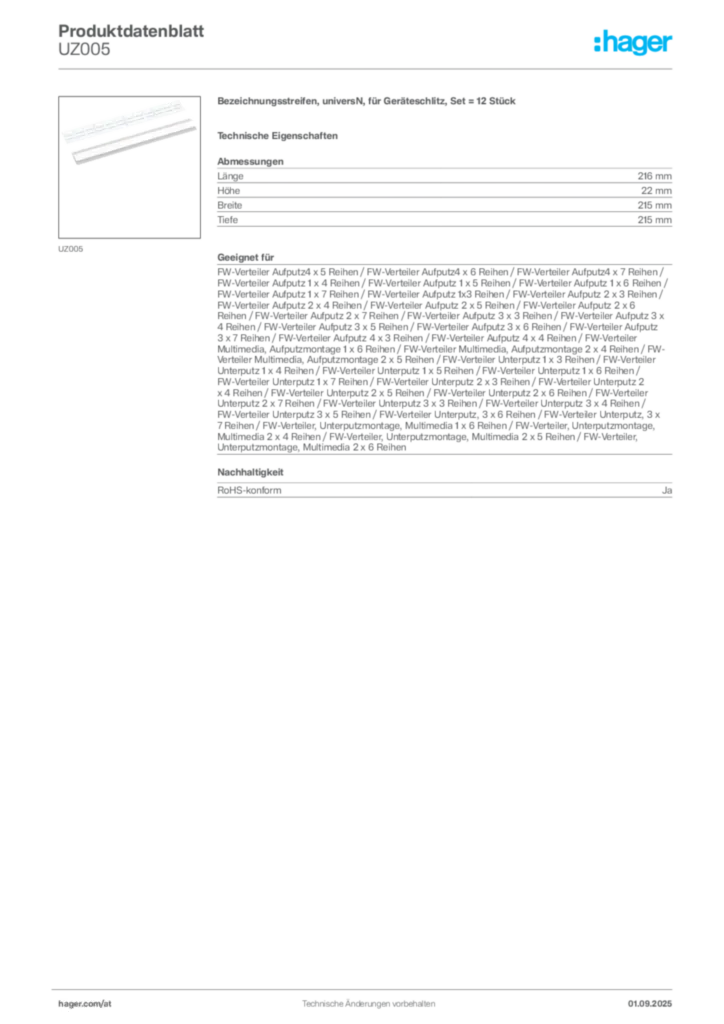 Bild Hager Produktdatenblatt UZ005 | Hager Deutschland
