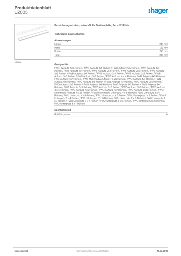 Bild Hager Produktdatenblatt UZ005 | Hager Deutschland