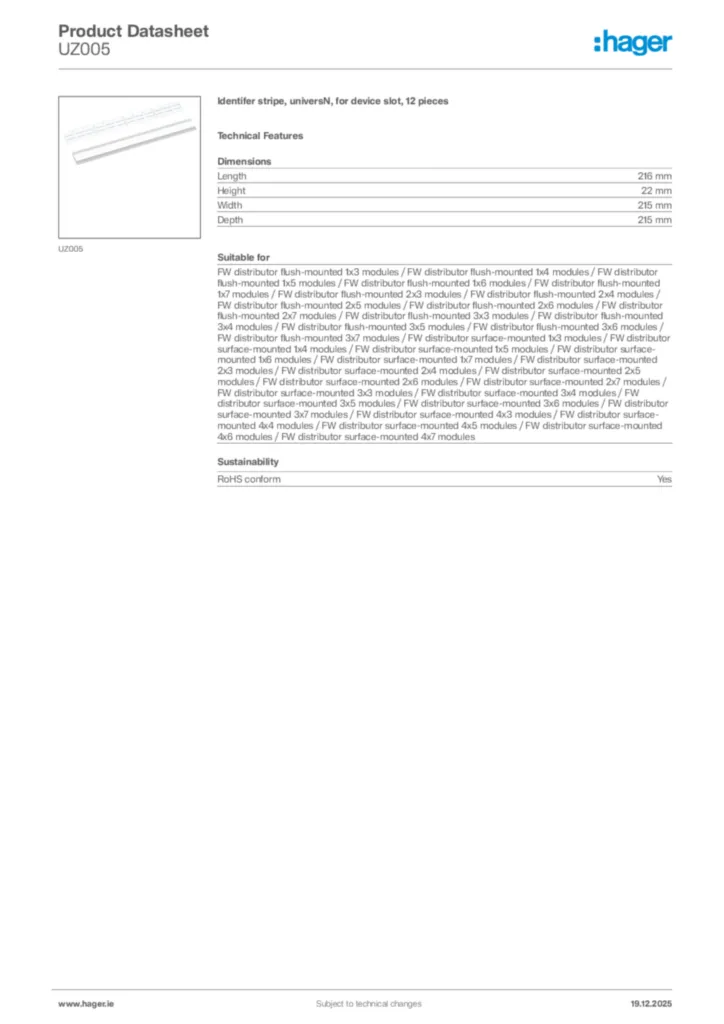 Image Hager Product data sheet UZ005  | Hager