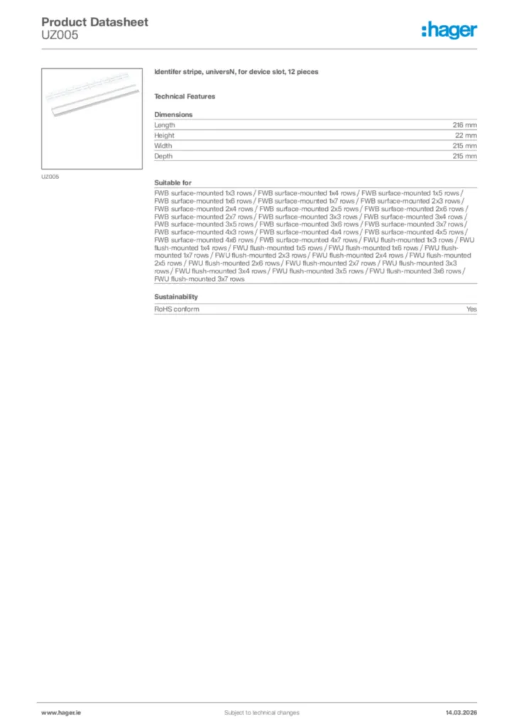 Image Hager Product data sheet UZ005  | Hager