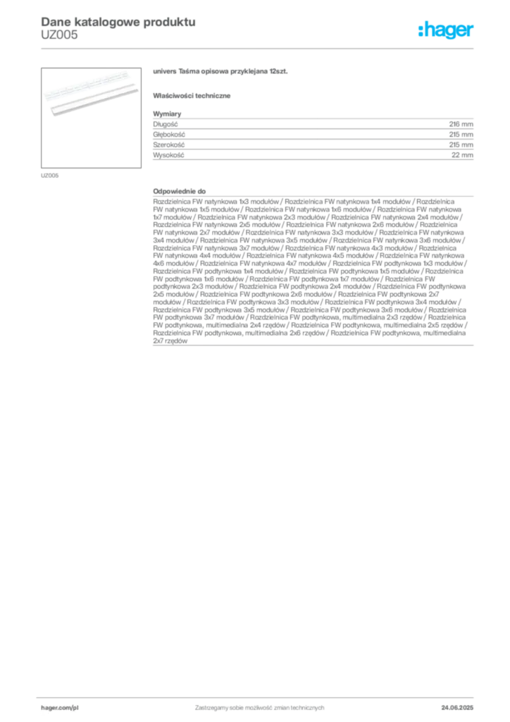 Zdjęcie Hager Karta katalogowa UZ005 | Hager Polska