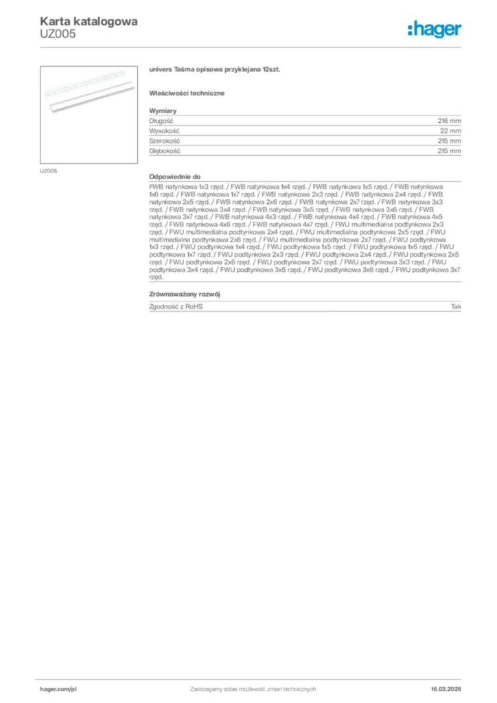 Zdjęcie Hager Karta katalogowa UZ005 | Hager Polska
