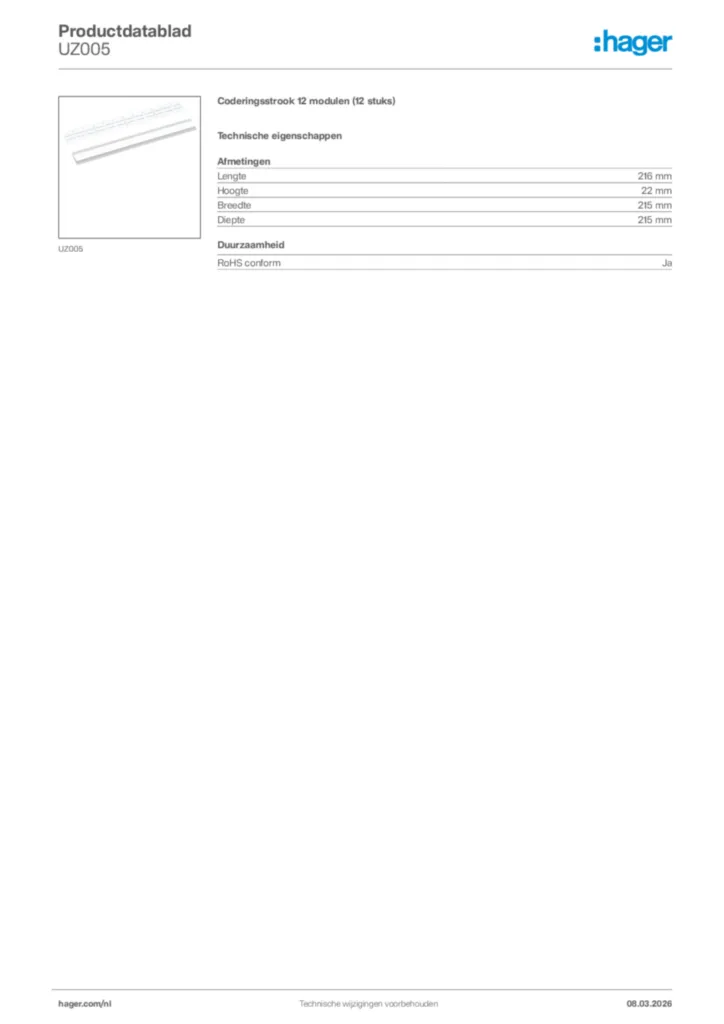 Afbeelding Hager Productdatablad UZ005 | Hager Nederland