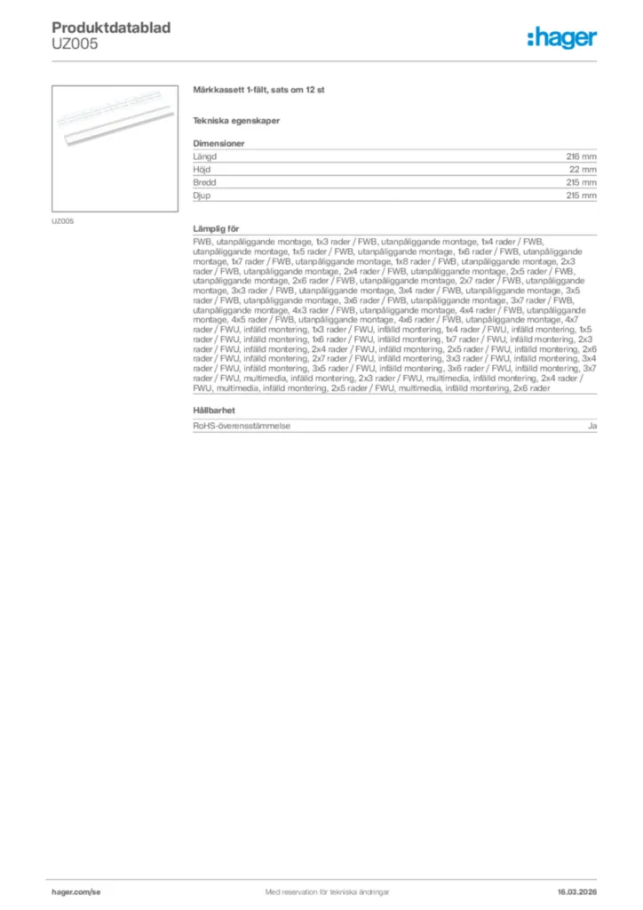 Bild Hager Produktdatablad UZ005 | Hager Sverige