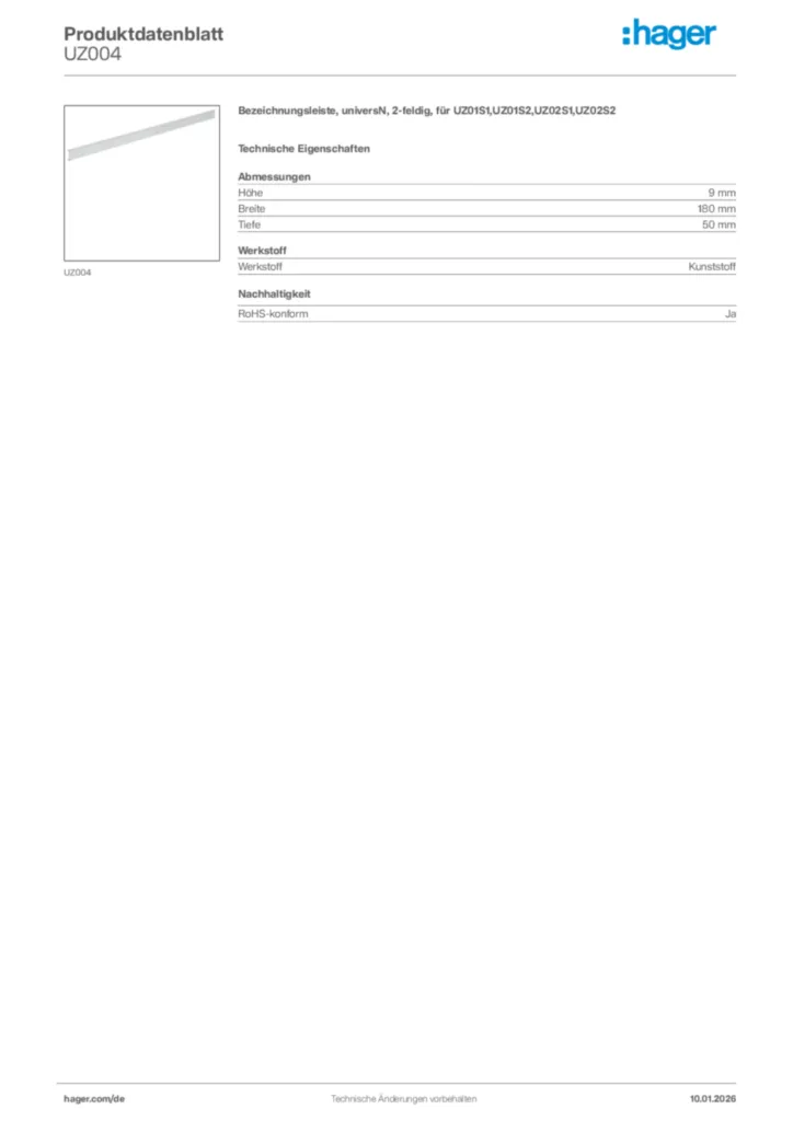 Bild Hager Produktdatenblatt UZ004 | Hager Deutschland