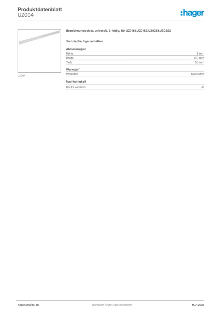 Bild Hager Produktdatenblatt UZ004 | Hager Schweiz