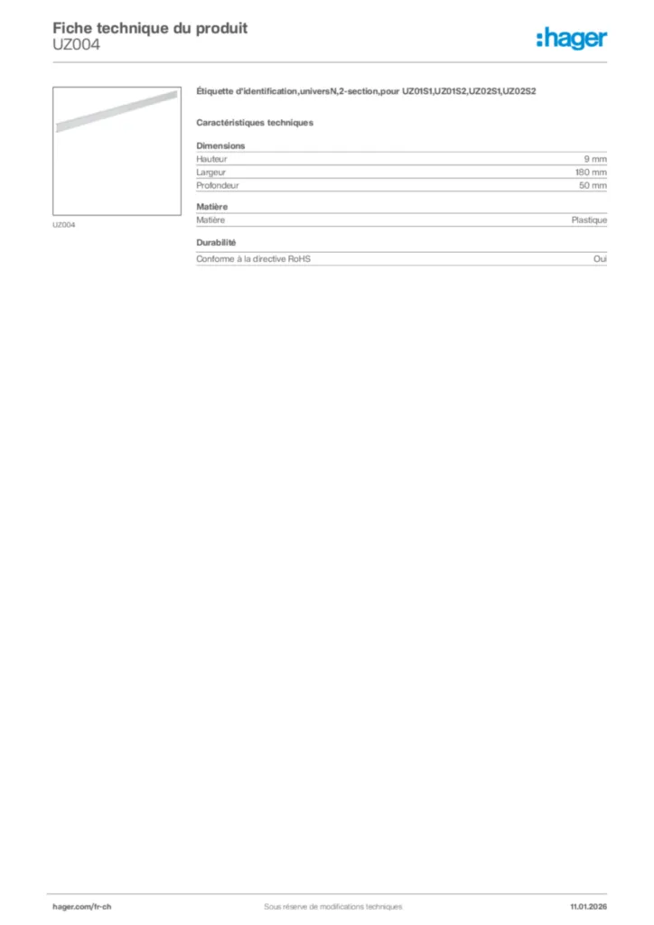 Image Hager Fiche technique du produit UZ004 | Hager Suisse