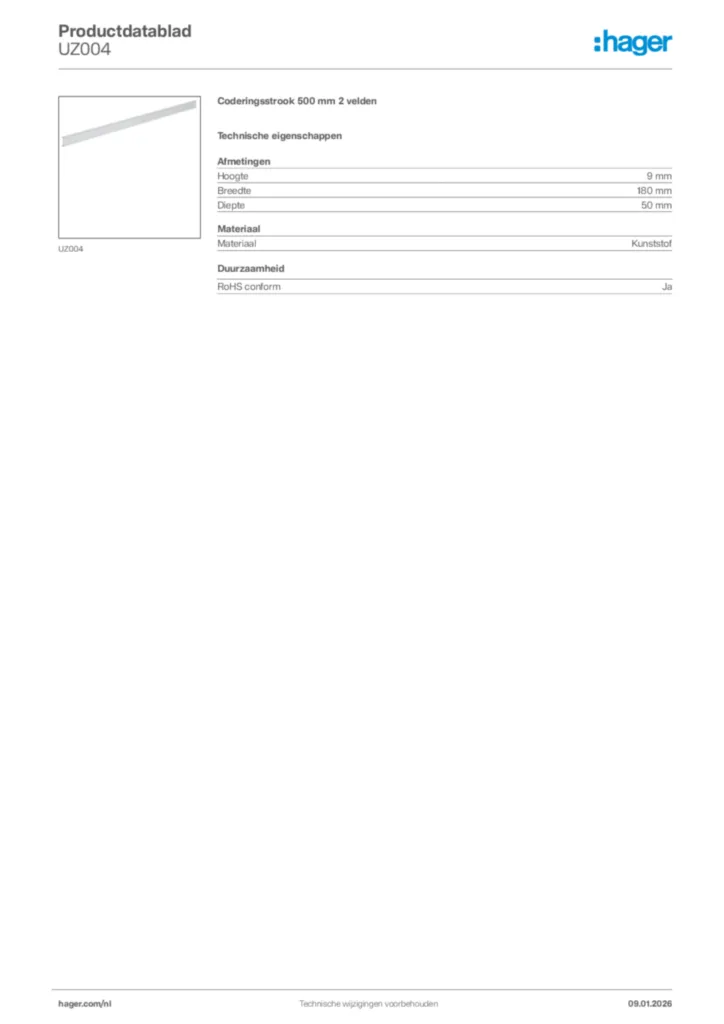 Afbeelding Hager Productdatablad UZ004 | Hager Nederland