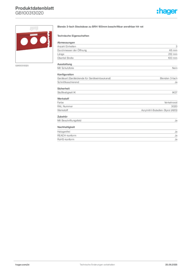 Bild Hager Produktdatenblatt GB100313020 | Hager Deutschland