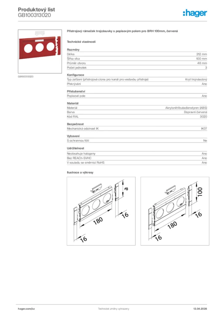 Obrázek Hager Product data sheet GB100313020 | Hager