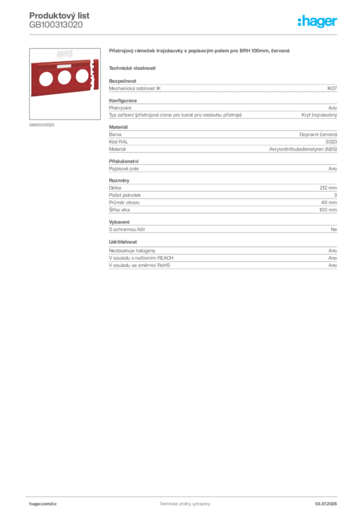 Obrázek Hager Produktový list GB100313020 | Hager