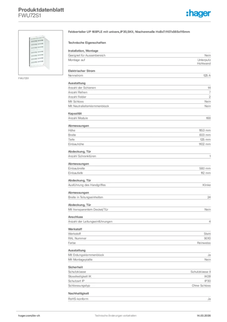 Bild Hager Produktdatenblatt FWU72S1 | Hager Schweiz