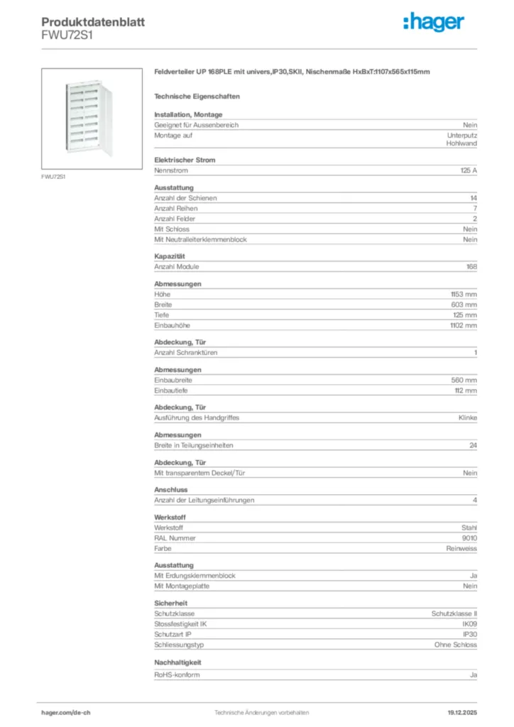 Bild Hager Produktdatenblatt FWU72S1 | Hager Schweiz