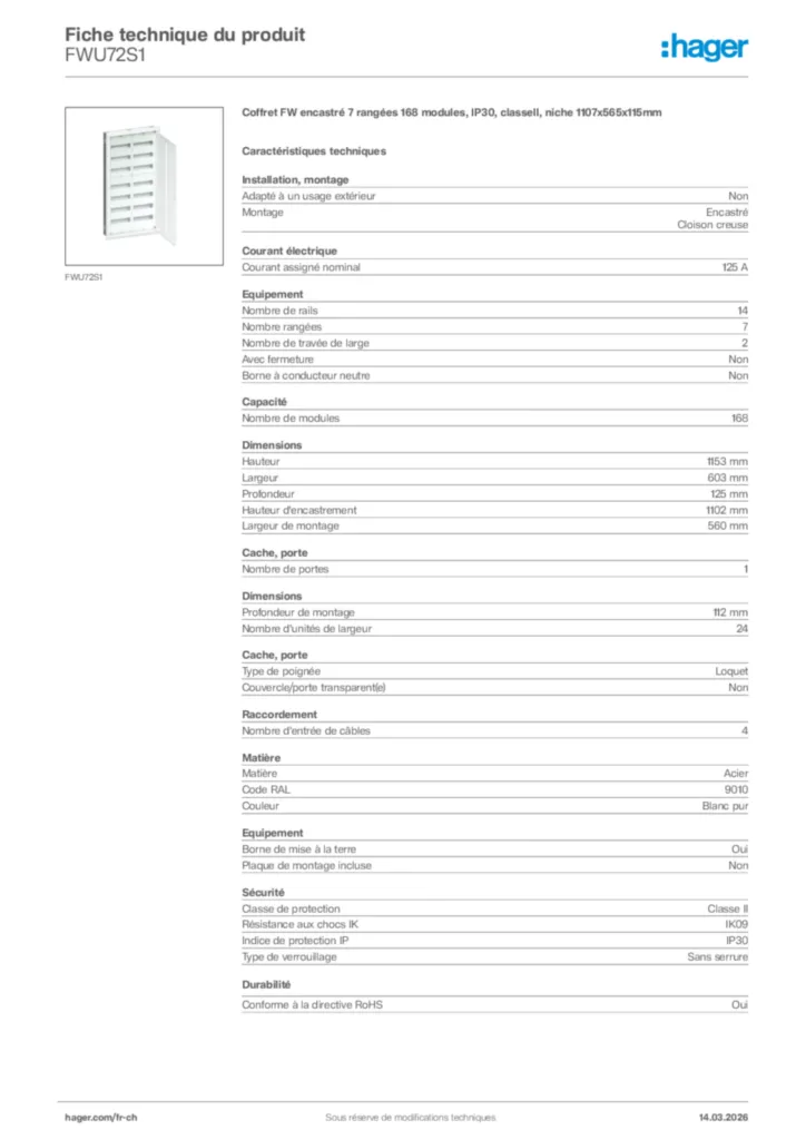 Image Hager Fiche technique du produit FWU72S1 | Hager Suisse