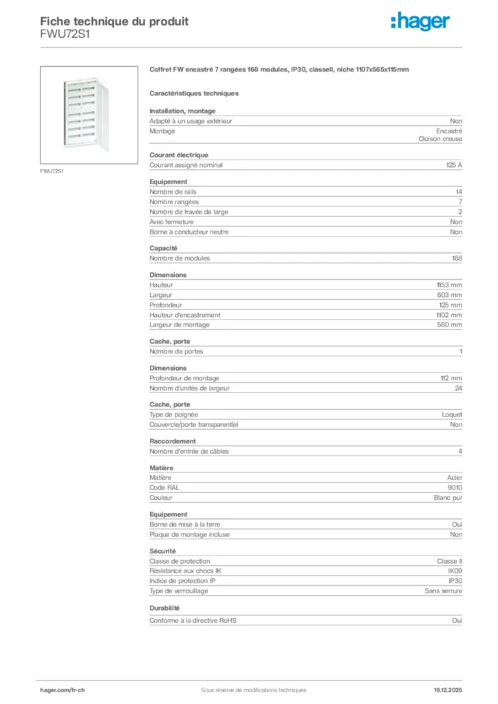 Image Hager Fiche technique du produit FWU72S1 | Hager Suisse